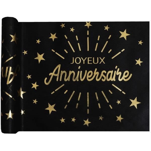 R/6646 - 1 Chemin de table joyeux anniversaire noir et or métallique 5m