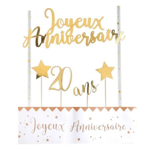 Décoration gâteau anniversaire blanc et or 20ans (x1) REF/6221