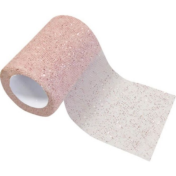 R/RL295 - 1 Bobine ruban tulle pailleté rose gold 8cm x 10m (Matière tulle).