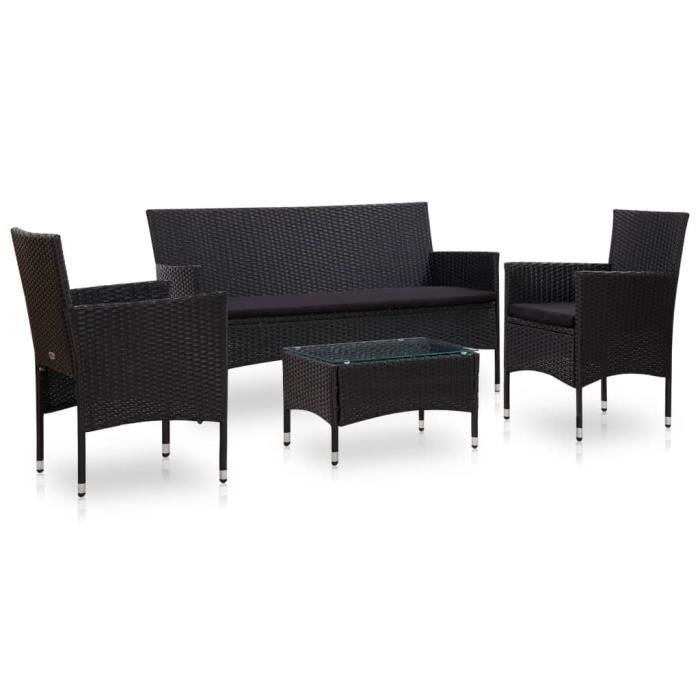 FAELY Salon de jardin 4 pcs avec coussins Résine tressée Noir #24