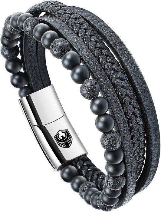 Bracelet Homme En Cuir Tressé Noir Avec Fermoir Magnétique - Longueur Réglable 21,5-23 Cm, Largeur 12 Mm