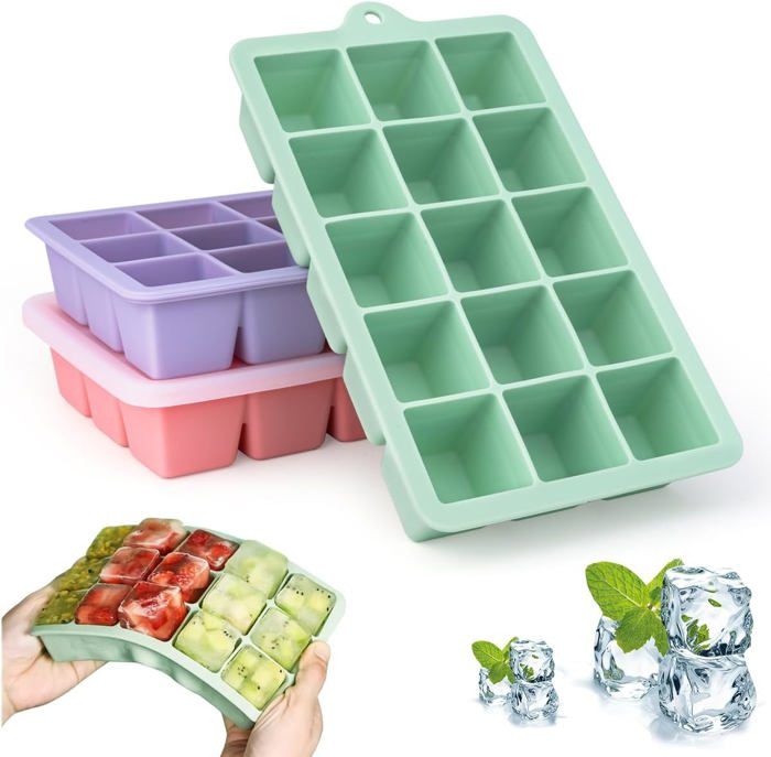 Lot De 3 Bacs à Glaçons En Silicone Avec Couvercle - 15 Glaçons Par Plateau (Rose, Bleu, Vert)