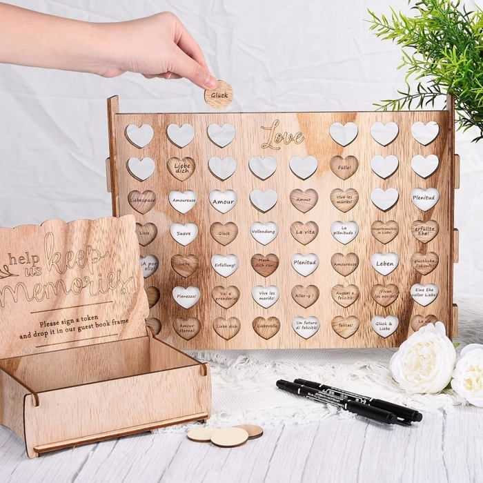 Neamon Livre D'Or Mariage En Bois 120 Cœurs – Cadre Rustique Avec Stylo Et Support Idéal Baptême Anniversaire