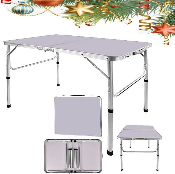 Table de Camping Blanc Aluminium MDF Pliable 90 x 60 x 37/67 cm DAYPLUS Coffre Table de Jardin Réglable Hauteur 2 Niveaux