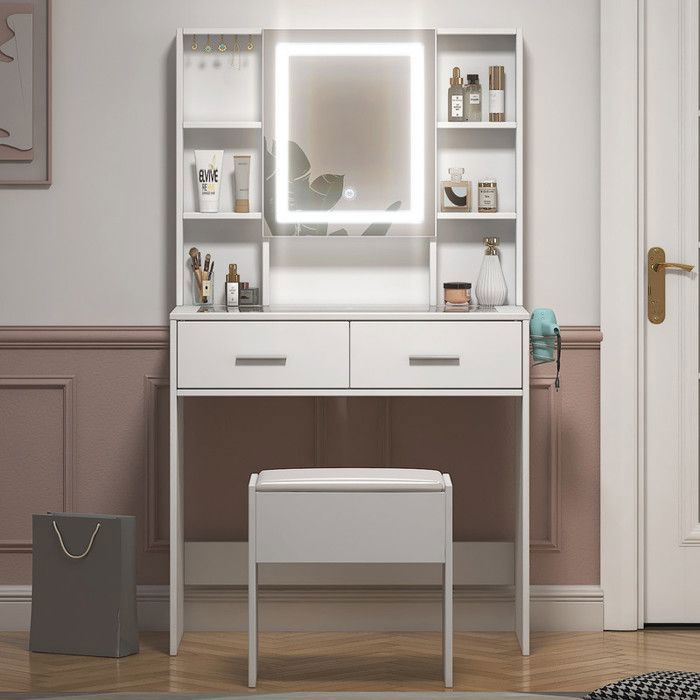 Coiffeuse avec Miroir LED et Tabouret Prise et Port USB support sèche-cheveux Éclairage 3 Couleurs Blanc Coiffeuse avec Miroir LED et Tabouret Prise et Port USB support sèche-cheveux Éclairage 3 Couleurs Blanc