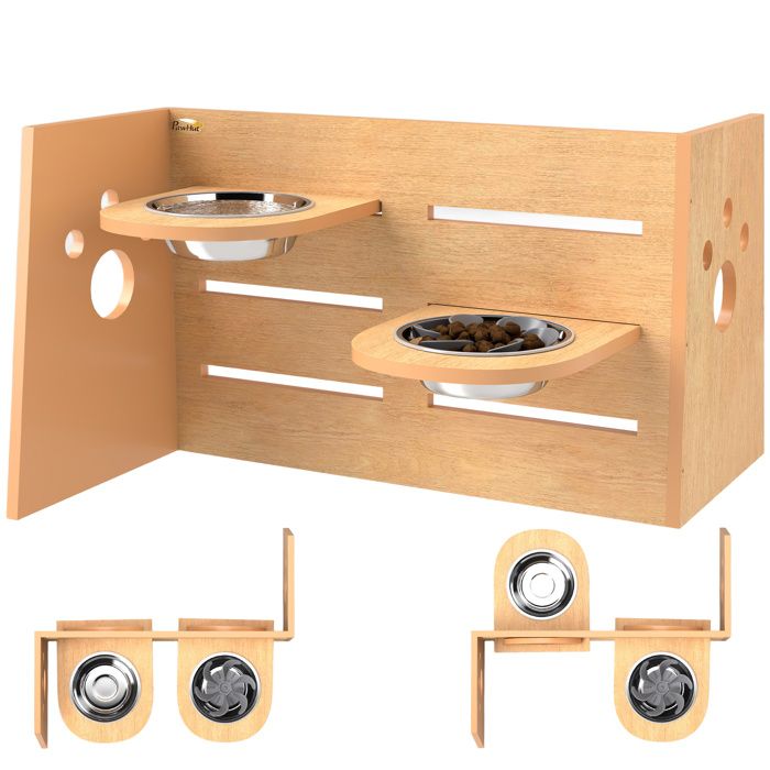 Comparer les prix de Porte-gamelles modulable réglable écuelles incluses idéal pour 2 chiens aspect bois acier inox