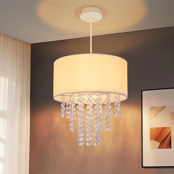 Lampe suspendue - NETTLIFE - E27 cristal et tissu - 32x32x192 cm - Blanc - Scandinave