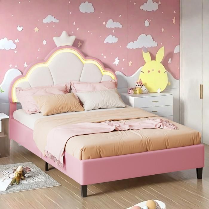 Lit 140x200cm avec Éclairage LED，Tête de lit avec moulure couronnée，Tête de lit réglable，lit double，Sommier à lattes，flanelle，rose