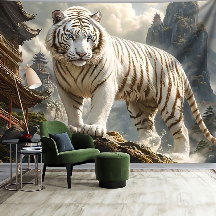 Papier Peint Panoramique 3D grand tigre blanc vibrant vue Bureau salon canapé TV fond 350x245cm