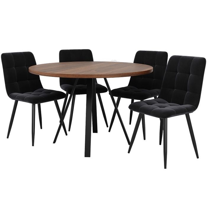 Ensemble De Table À Manger(5pcs) - Table Ronde Noyer 80×80×75cm + 4 Chaises Noires Velours Pieds En Métal Noir Style Moderne Ensemble De Table À Manger(5pcs) - Table Ronde Noyer 80×80×75cm + 4 Chaises Noires Velours Pieds En Métal Noir Style Moderne