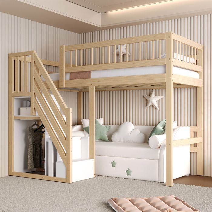 DRIPEX Lit superposé en bois 90×200cm lit mezzanine avec escalier devant armoire de rangement couleur bois
