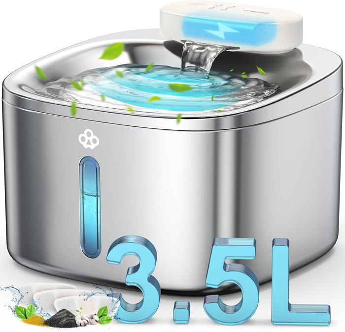 Meilleurs prix pour Fontaine À Chat Sans Fil, Abreuvoir 3.5L Pour Chat En Acier Inoxydable, Batterie 5000Mah, Fontaine À Eau Pour Chat Avec Détecteu