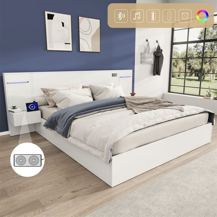 Lit 160x200 avec Sommier et Horloge Digitale Lit Double Bluetooth et LED Lit pour Ado Adulte avec USB 2 Tables de Chevet Blanc