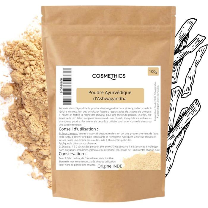 Poudre d’Ashwagandha 100g Cosm’Ethics® – Fortifie le cuir chevelu stimule la pousse et aide à réduire le stress naturellement