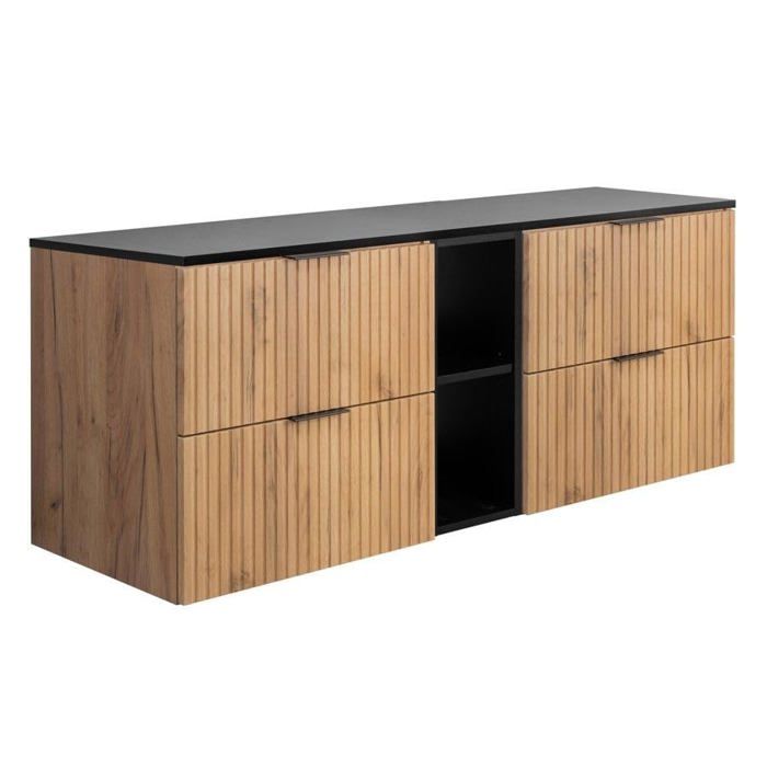 Meuble de salle de bain - Chêne Craft - Noir - 140 x 57 x 46 cm - 4 tiroirs - Montage facile