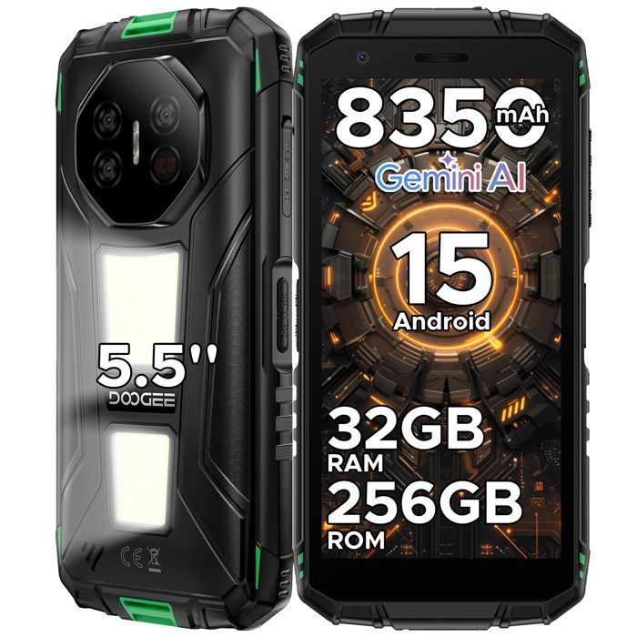 DOOGEE Fire3 Max Smartphone avec Lampes de camping Écran 55 téléphone incassable 8350 mAh 32 Go + 256 Go Portable/NFC - Vert