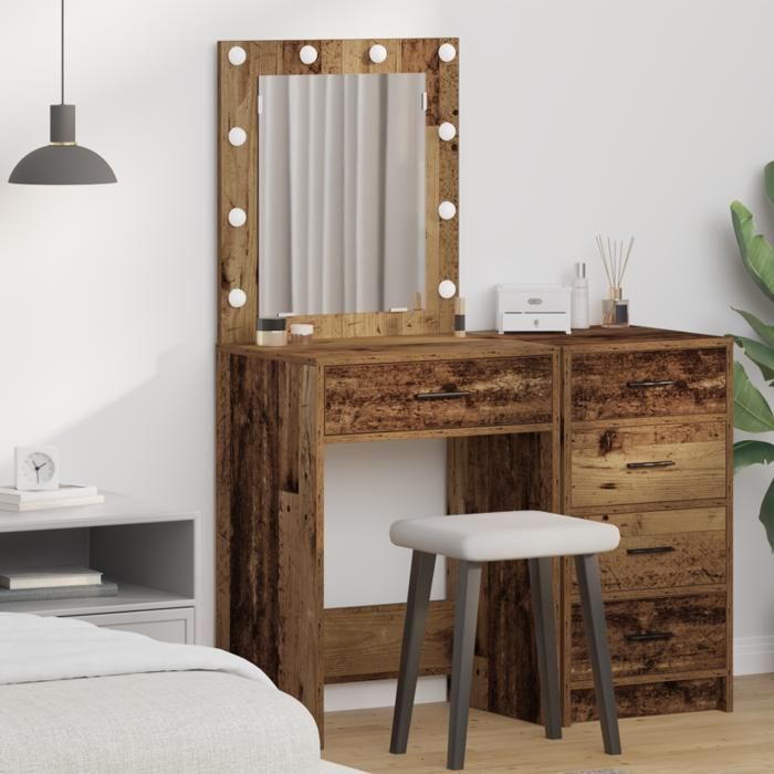 Coiffeuse - Bois ancien - 50x41x135 cm - Miroir et lumières LED - 1 tiroir