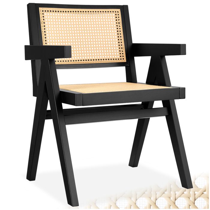 Chaise - TECTAKE - Fauteuil LISSY style boho avec cannage viennois en bois et accoudoirs 595 x 565 x 825 cm - Noir