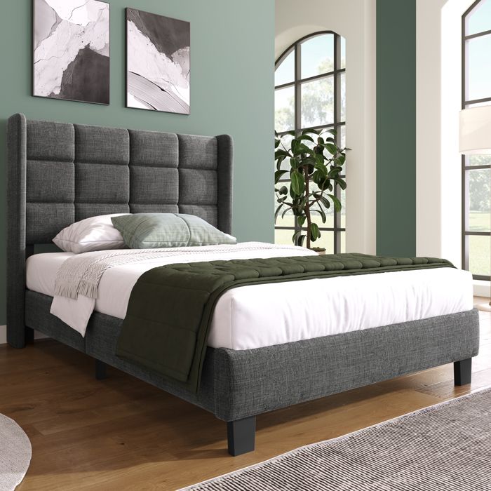 Lit rembourré design moderne avec tête de lit rembourrée cadre à lattes lit simple 90x200cm Lin gris résistance moyenne (sans