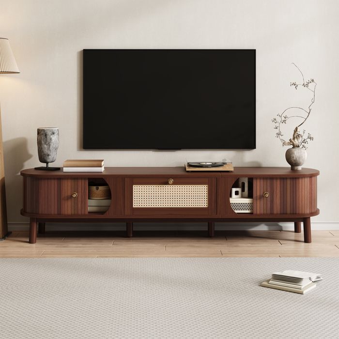 Meuble TV Style Naturel - Portes Bois Bambou Et Tiroirs Rotin Structure Bois Massif Noyer Rustique 170x39.5x38cm