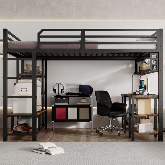Lit 120x200 cm - lit mezzanine - avec bureau et rangement - fer + panneaux de particules - noir + foncé