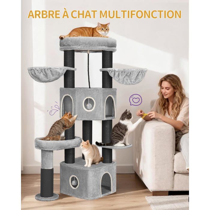 Arbre à Chat 163 cm Poteaux en Sisal de 10 cm Dépaisseur Niche Plateforms Balle en Peluche Brosse pour Chat Gris Clair Noir