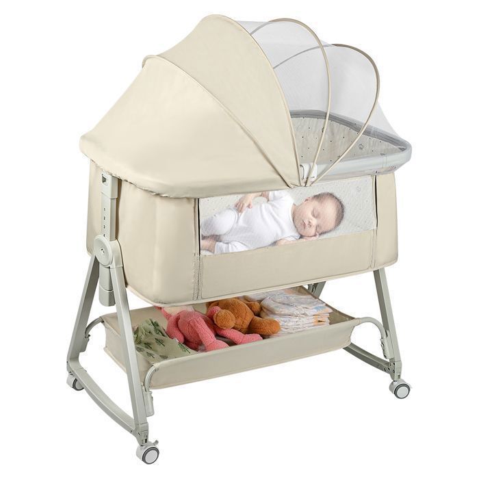 Lit Bébé Cododo avec Fonction Bascule - Berceau Cododo avec Matelas et Moustiquaire - 50x90x68-80 cm - Beige