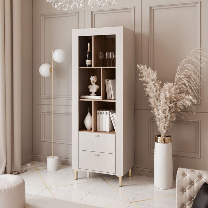 Buffet haut AVENA - 2 tiroirs et 6 compartments - sur pieds - 60x40x169 cm - Cachemire/chêne