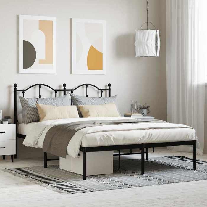 Structure de lit métal - UU - 140x190 cm - Noir - Acier - Espace de rangement - Tête de lit - Lattes en métal