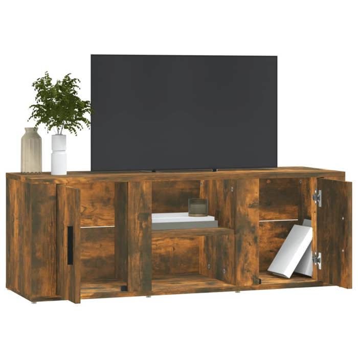 Meuble TV chêne fumé - WIENS - 100x315x35 cm - Bois dingénierie - 4 compartiments - Porte(s) et tiroir(s)