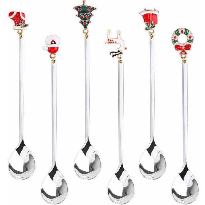 Cuillères café Noël lot de 6 inox argent pendentifs décoratifs coffret cadeau fête