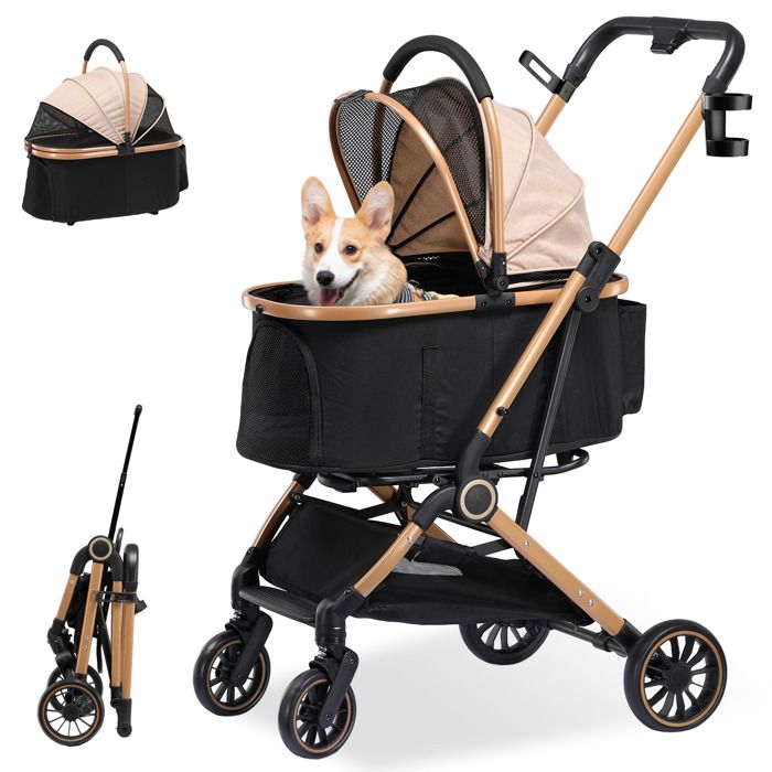 Comparer les prix de Poussette pour Chien Pliable 4-en-1 Capote Réglable 180° Porte-Gobelets Capacité 25kg pour Chat et Animal de Compagnie - Or