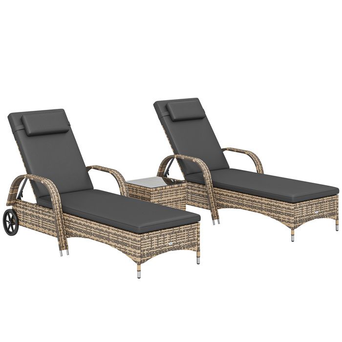 Lot de 2 transats - Outsunny - inclinaison réglable multipositions - accoudoirs roulettes table basse - résine PE - gris foncé