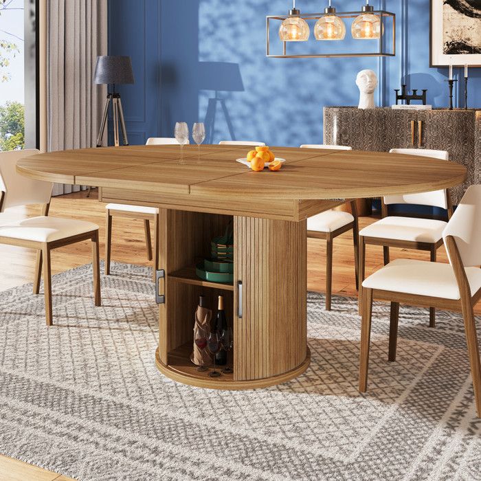 Table à manger extensible - Ronde à ovale - 118-158 cm - Noyer - 6 personnes - MDF - Rangement intégré - Pieds réglables