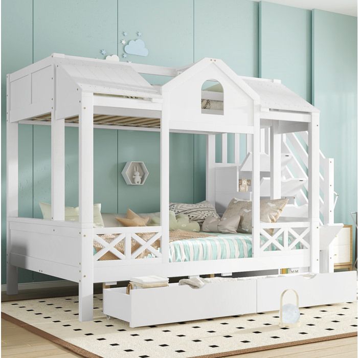 Lit superposé enfant blanc avec rangements intégrés et design cabane