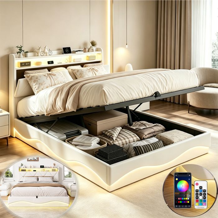 Lit 140x200 cm Coffre Led et Port USB-UTTQEW -Lit double avec Sommier à lattes-lit Adulte rembourré-Beige Lit 140x200 cm Coffre Led et Port USB-UTTQEW -Lit double avec Sommier à lattes-lit Adulte rembourré-Beige
