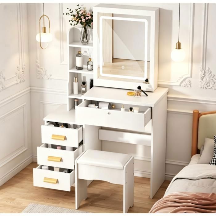 WILITTO Coiffeuse avec Miroir Coulissant et Tabouret - LED avec 3 Couleurs - 4 Tiroirs et étagères Ouvertes - 80x36.5x130cm - Blanc