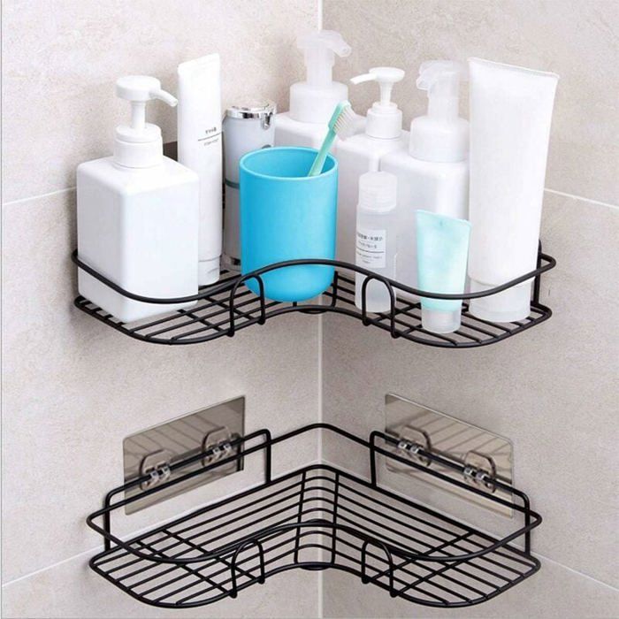 Rangement dorganisateur de douche étagères salle de bain chariot avec autocollant adhésif acier inoxydable noir ODIPIE