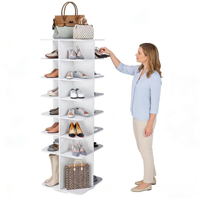 Tour à chaussures rotatif 360° 7 étages Étagère tournante autoportante avec socle surélevé Organisateur chaussures – Blanc Tour à chaussures rotatif 360° 7 étages Étagère tournante autoportante avec socle surélevé Organisateur chaussures – Blanc