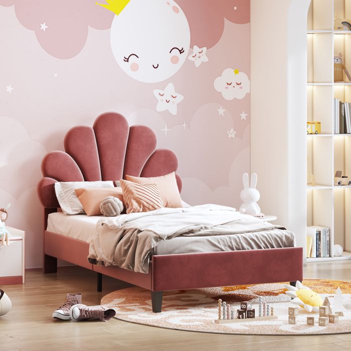 Lit enfant rembourré - Tête de lit en forme de fleur - Tissu velours doux - Dimensions 206x100x110.5 cm