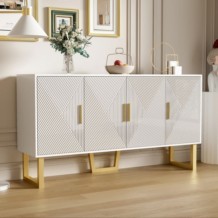 Buffet Moderne Meuble Salon avec 4 Portes Texturées Brillantes Étagère Réglable Poignée en Métal Doré et Pieds en Métal Doré