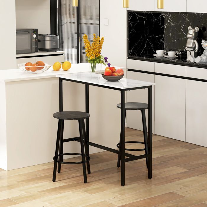 Ensemble bar 2 personnes 1 table avec 2 tabourets plateau effet marbre blanc structure en acier