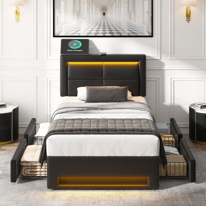 Lit adulte rembourré 90x190 cm SENVIRO avec USB éclairage LED et 4 tiroirs PU noir