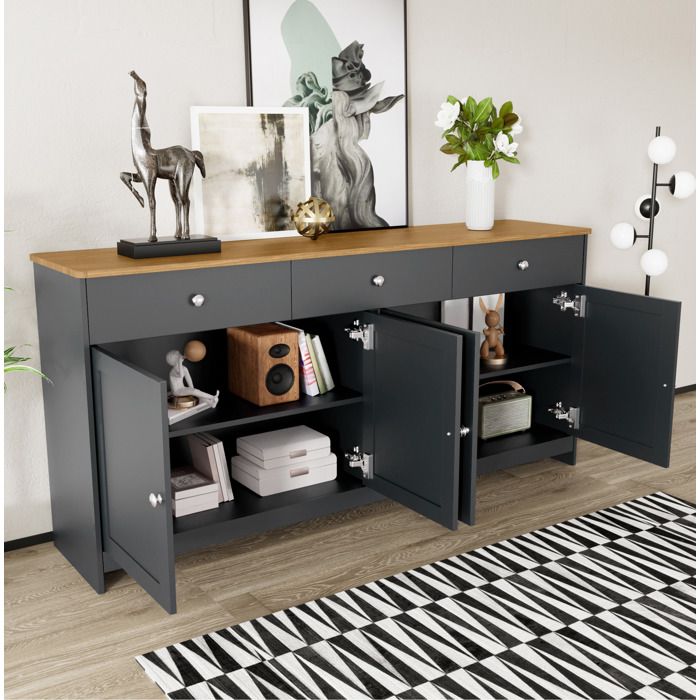 ROVRYN Buffet bas 160 cm 4 portes et 3 tiroirs étagères réglables gris noir et plateau aspect bois