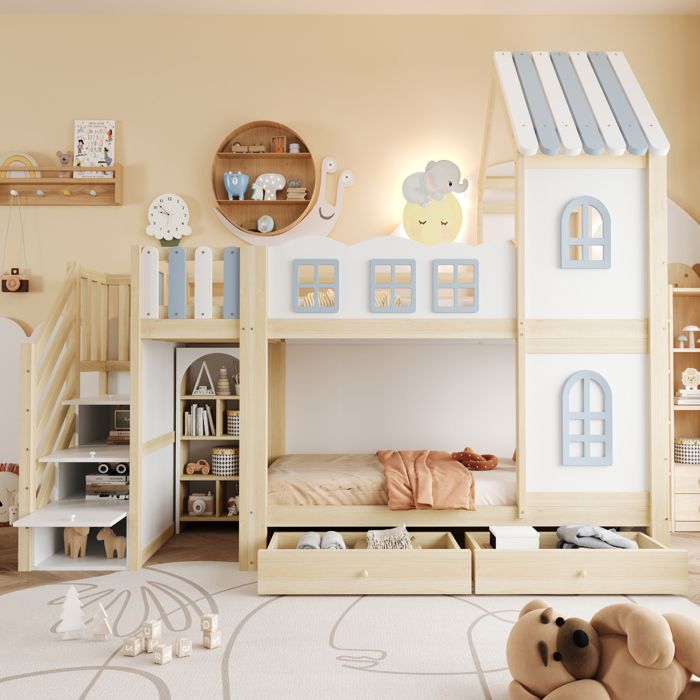 Lit superposé enfant - PANTAURAS - Bois - 90x200 cm - Gris & bois naturel - 11 rangements