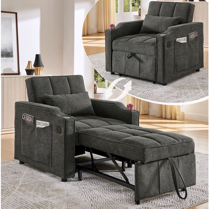 ROVRYN Fauteuil convertible 3 en 1 1 place 190 cm dossier 3 positions USB USB-C gris foncé