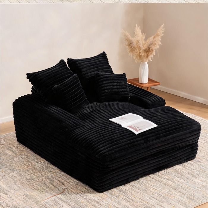 Méridienne contemporaine 175 cm en velours côtelé classic black et mousse mémoire 4 coussins amovibles sans montage