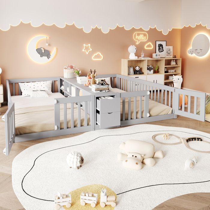 Lit combiné enfant 2 places 90×200 cm barrières hautes 2 tiroirs et étagères - ELVMI - sans matelas bois gris
