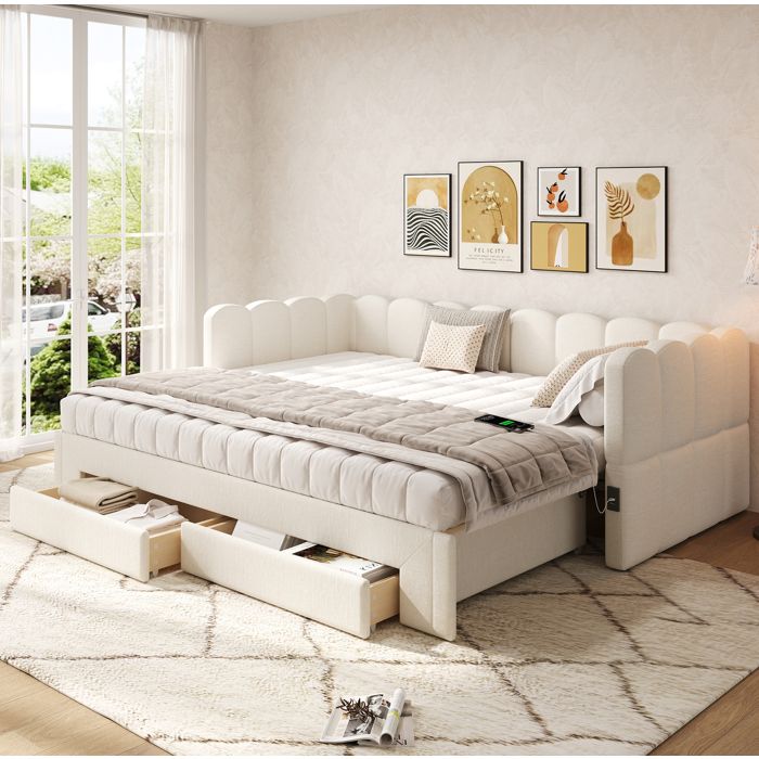 Lit Banquette Lit Simple 2 Tiroirs USB et Type-C 90 × 200 cm et 180 × 200 cm sans Matelas