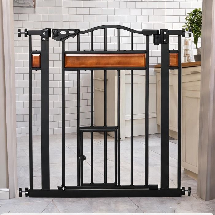Barrière de sécurité pour chien 74-80 cm extensible avec porte pour chat acier et bois de pin noir